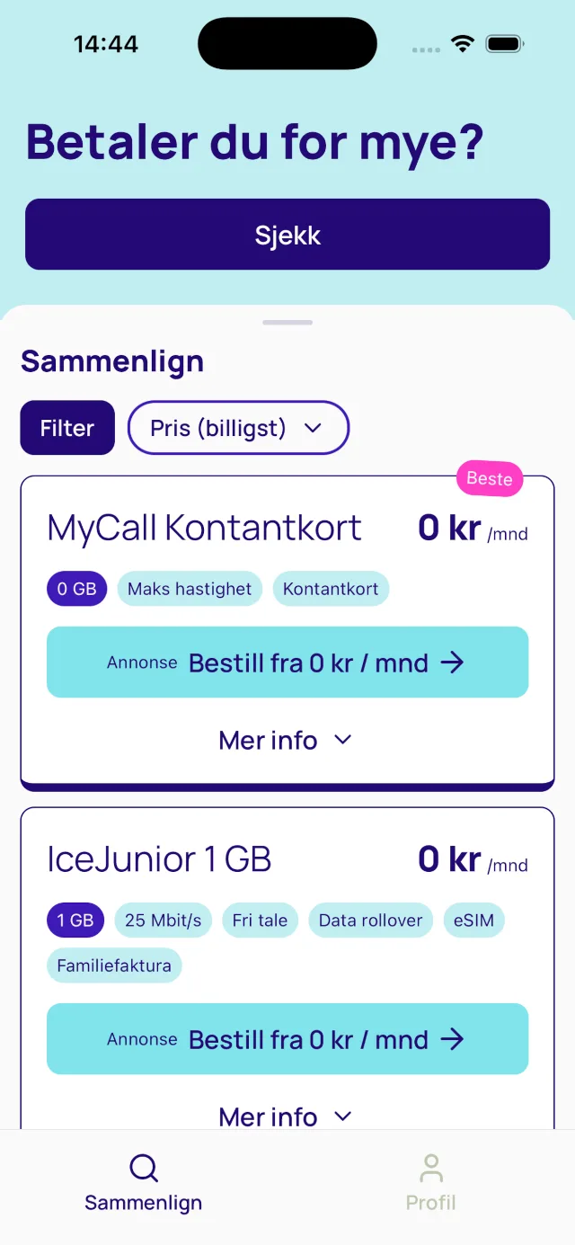 Skjermbilde fra Mobilabonnement.no-appen som sammenligner mobilabonnement på pris og datamengde
